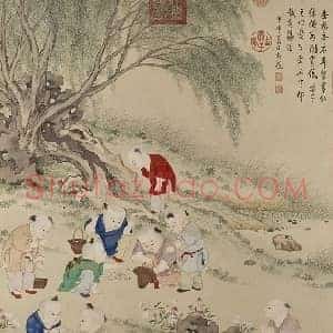 金廷标儿童斗草图轴